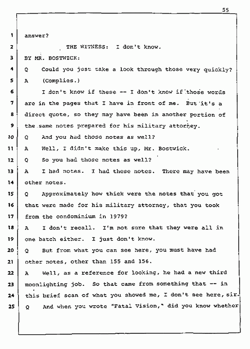 Los Angeles, California Civil Trial<br>Jeffrey MacDonald vs. Joe McGinniss<br><br>August 5, 1987:<br>Defendant's Witness: Joe McGinniss, p. 55