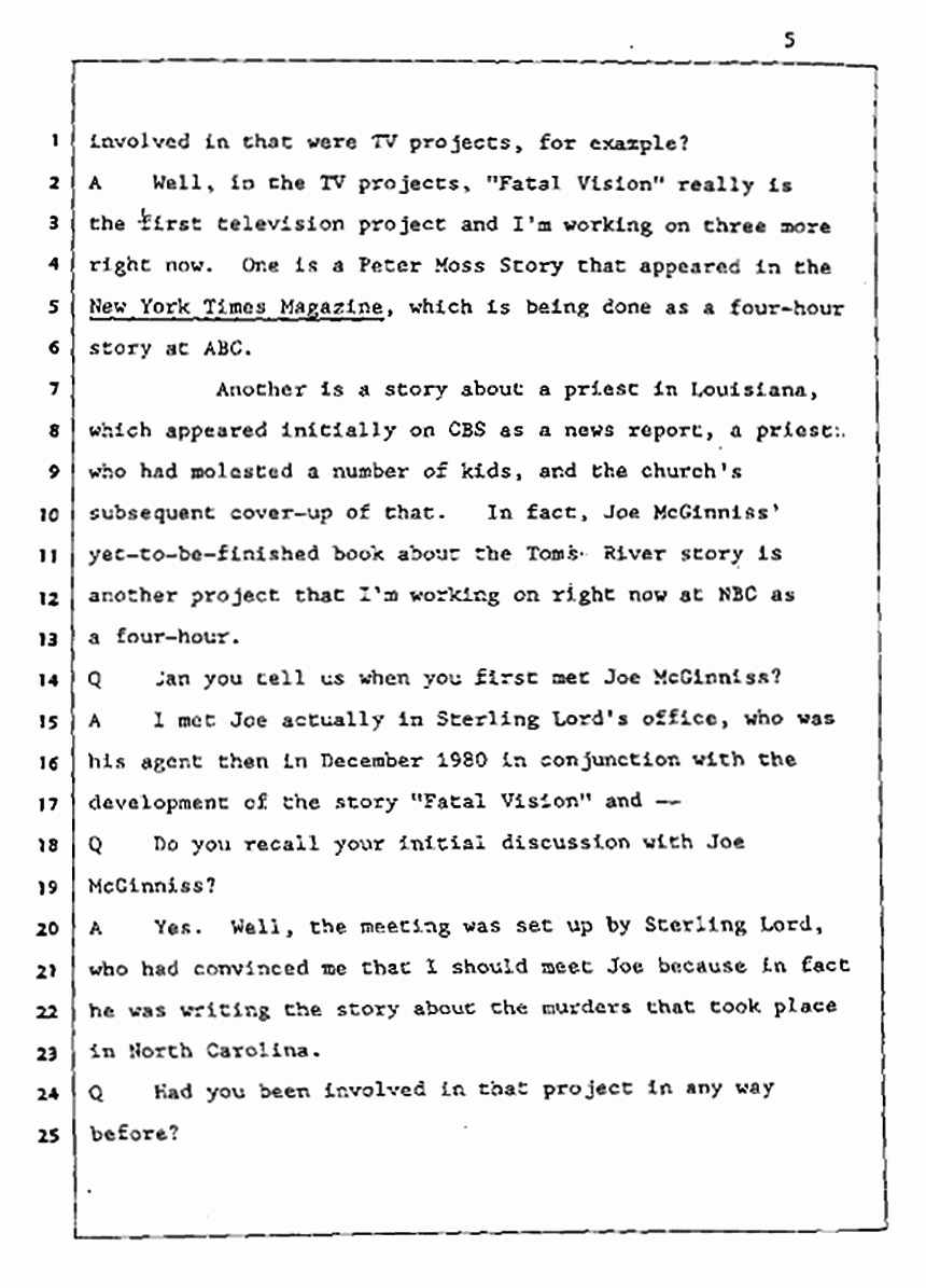 Los Angeles, California Civil Trial<br>Jeffrey MacDonald vs. Joe McGinniss<br><br>August 5, 1987:<br>Defendant's Witness: Daniel Wigutow, p. 5