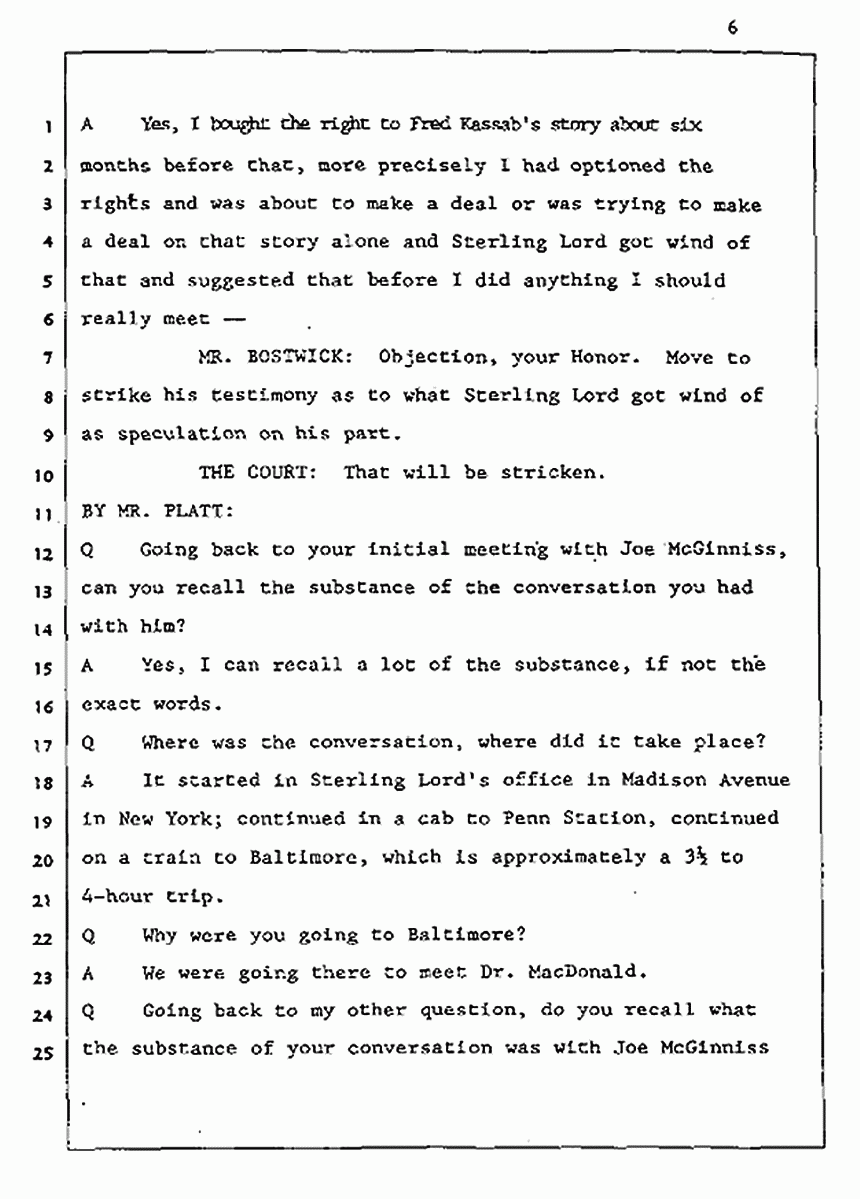 Los Angeles, California Civil Trial<br>Jeffrey MacDonald vs. Joe McGinniss<br><br>August 5, 1987:<br>Defendant's Witness: Daniel Wigutow, p. 6