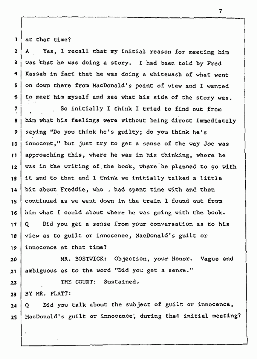 Los Angeles, California Civil Trial<br>Jeffrey MacDonald vs. Joe McGinniss<br><br>August 5, 1987:<br>Defendant's Witness: Daniel Wigutow, p. 7