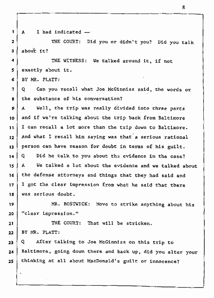 Los Angeles, California Civil Trial<br>Jeffrey MacDonald vs. Joe McGinniss<br><br>August 5, 1987:<br>Defendant's Witness: Daniel Wigutow, p. 8