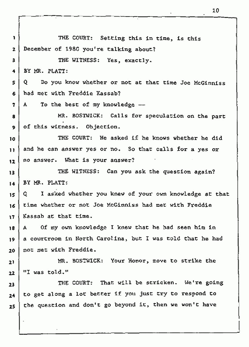 Los Angeles, California Civil Trial<br>Jeffrey MacDonald vs. Joe McGinniss<br><br>August 5, 1987:<br>Defendant's Witness: Daniel Wigutow, p. 10