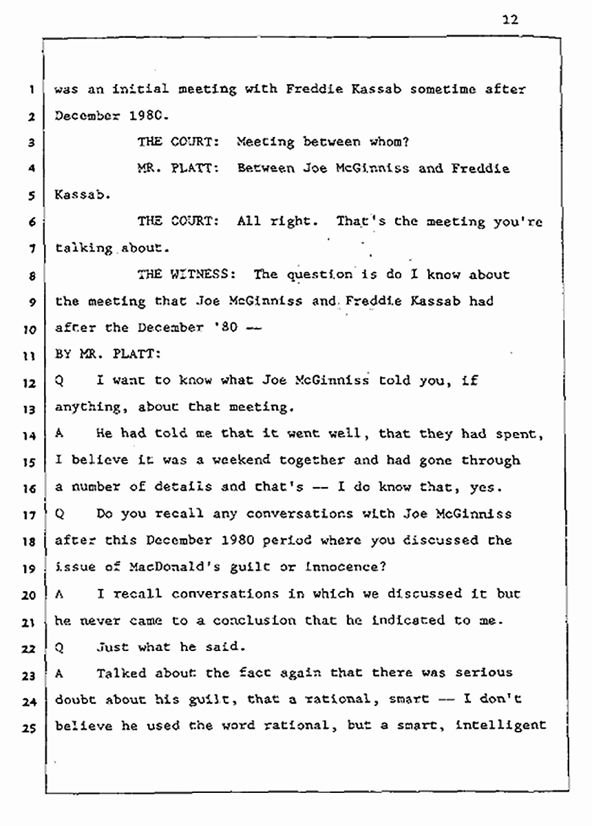 Los Angeles, California Civil Trial<br>Jeffrey MacDonald vs. Joe McGinniss<br><br>August 5, 1987:<br>Defendant's Witness: Daniel Wigutow, p. 12