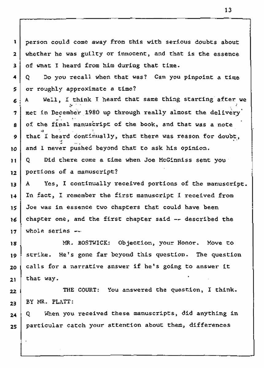 Los Angeles, California Civil Trial<br>Jeffrey MacDonald vs. Joe McGinniss<br><br>August 5, 1987:<br>Defendant's Witness: Daniel Wigutow, p. 13