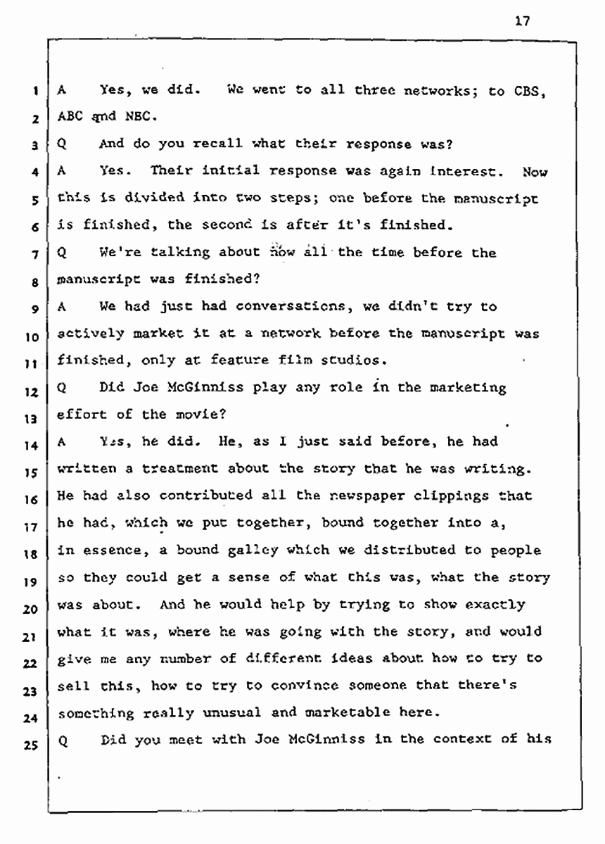 Los Angeles, California Civil Trial<br>Jeffrey MacDonald vs. Joe McGinniss<br><br>August 5, 1987:<br>Defendant's Witness: Daniel Wigutow, p. 17
