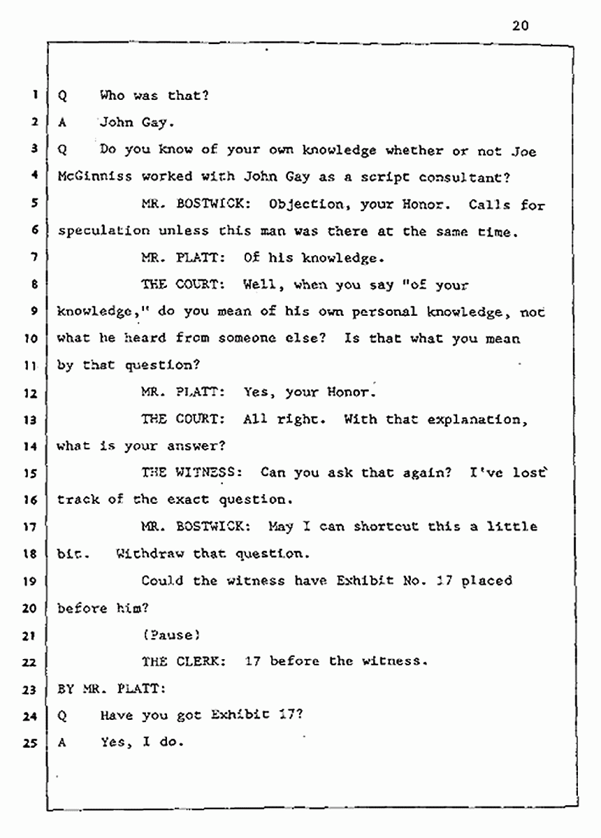 Los Angeles, California Civil Trial<br>Jeffrey MacDonald vs. Joe McGinniss<br><br>August 5, 1987:<br>Defendant's Witness: Daniel Wigutow, p. 20