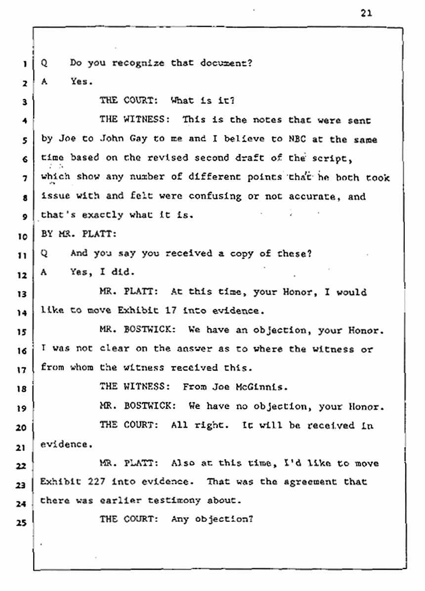 Los Angeles, California Civil Trial<br>Jeffrey MacDonald vs. Joe McGinniss<br><br>August 5, 1987:<br>Defendant's Witness: Daniel Wigutow, p. 21
