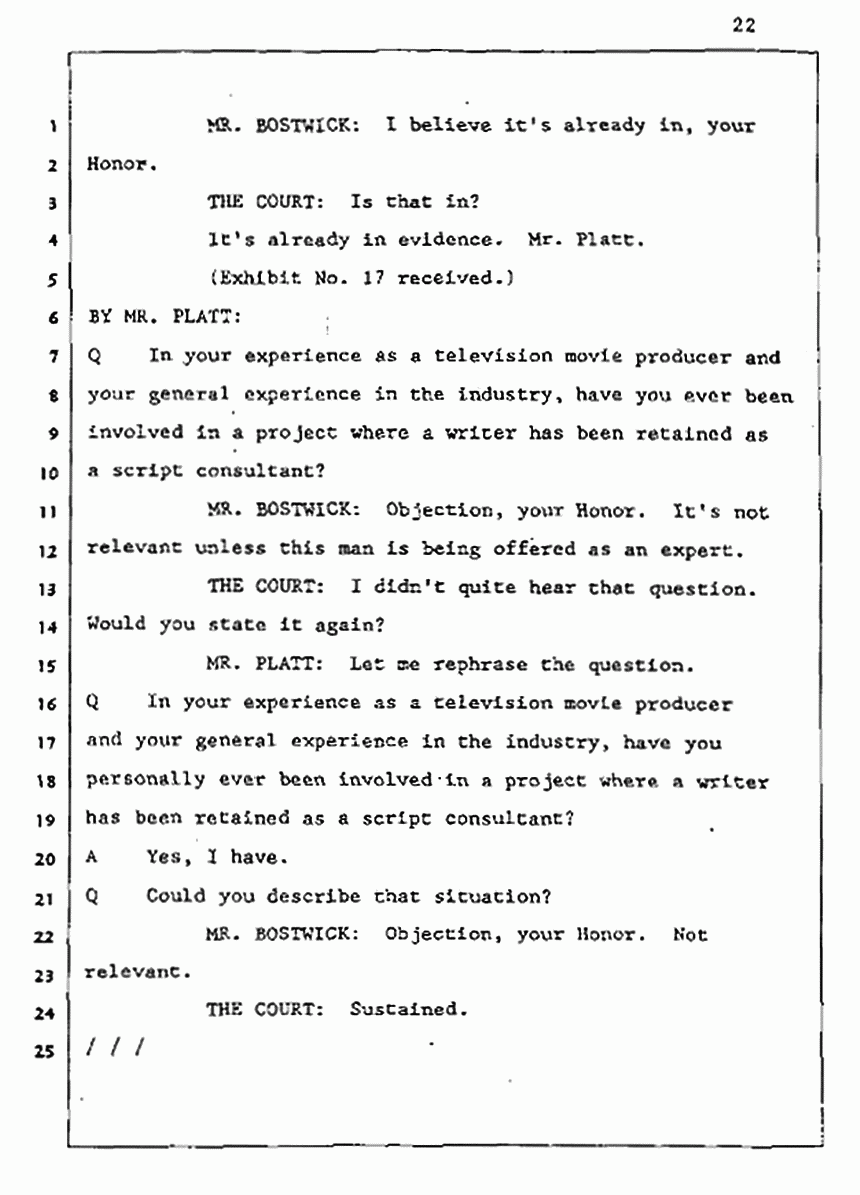 Los Angeles, California Civil Trial<br>Jeffrey MacDonald vs. Joe McGinniss<br><br>August 5, 1987:<br>Defendant's Witness: Daniel Wigutow, p. 22