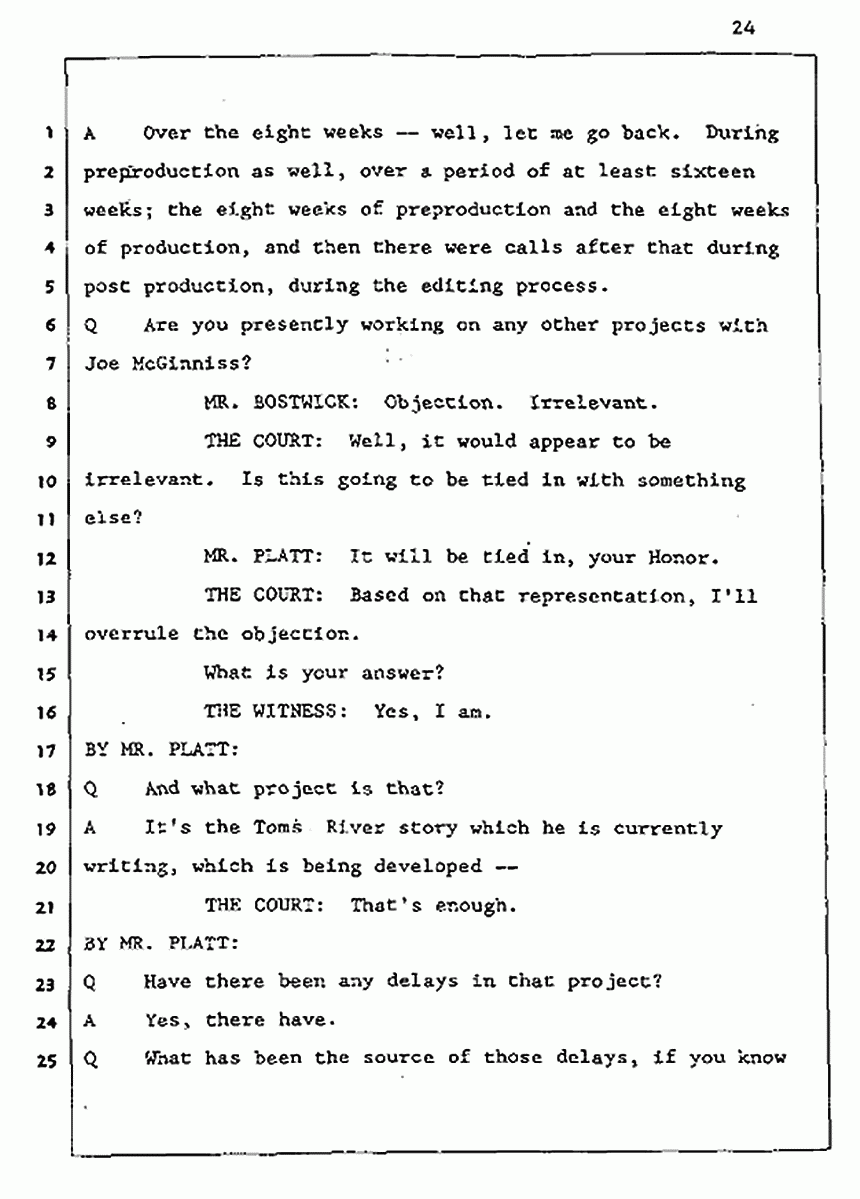 Los Angeles, California Civil Trial<br>Jeffrey MacDonald vs. Joe McGinniss<br><br>August 5, 1987:<br>Defendant's Witness: Daniel Wigutow, p. 24