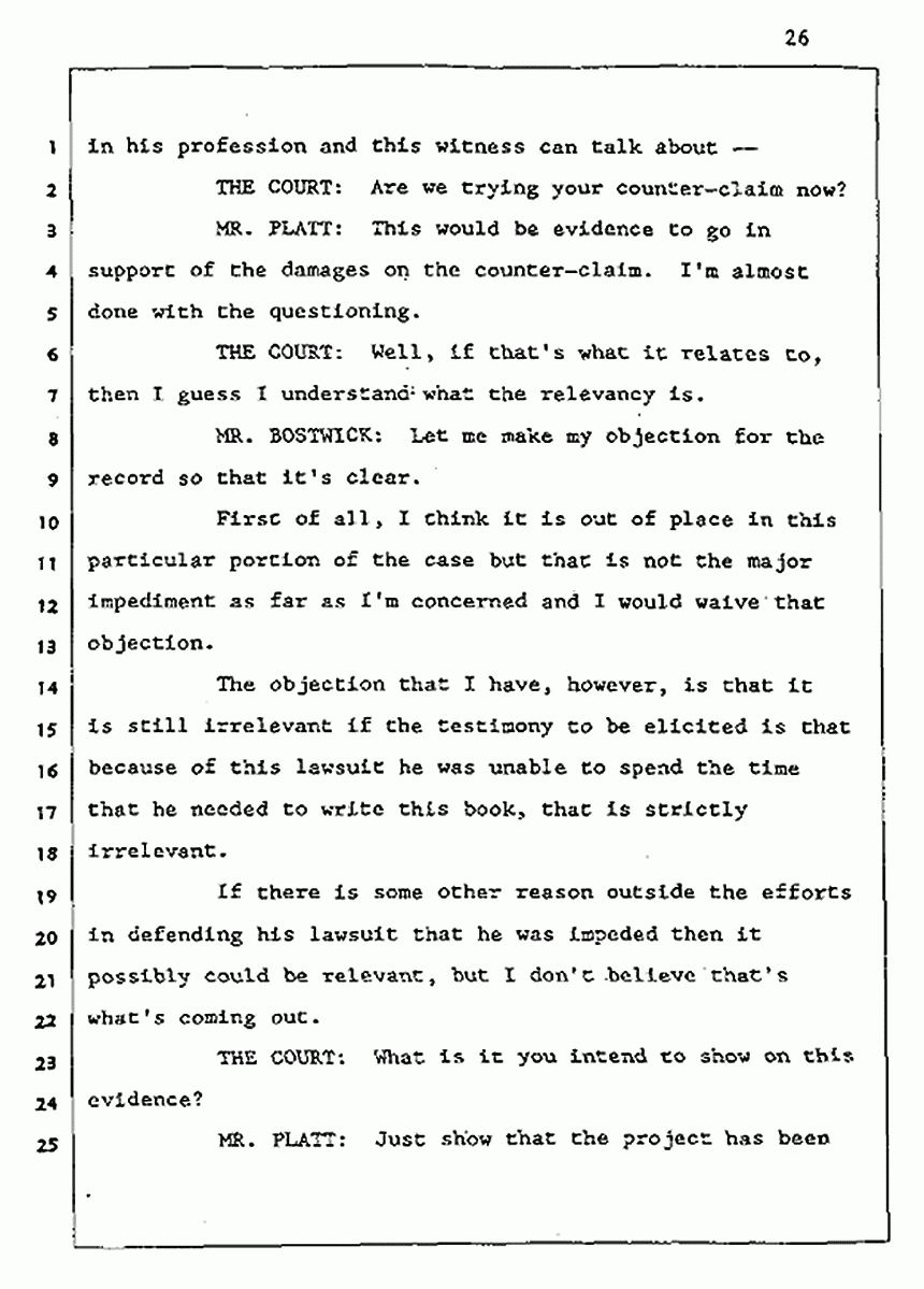 Los Angeles, California Civil Trial<br>Jeffrey MacDonald vs. Joe McGinniss<br><br>August 5, 1987:<br>Defendant's Witness: Daniel Wigutow, p. 26