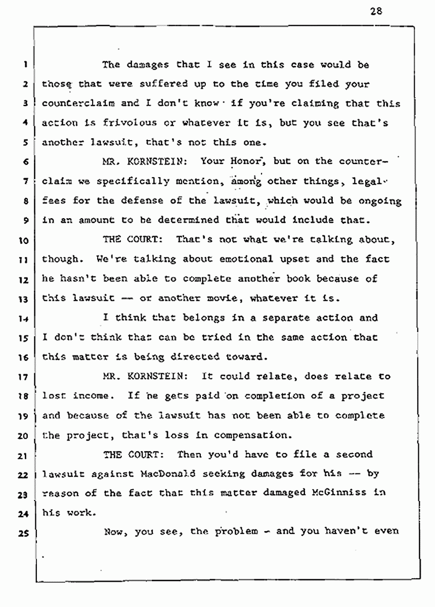 Los Angeles, California Civil Trial<br>Jeffrey MacDonald vs. Joe McGinniss<br><br>August 5, 1987:<br>Defendant's Witness: Daniel Wigutow, p. 28