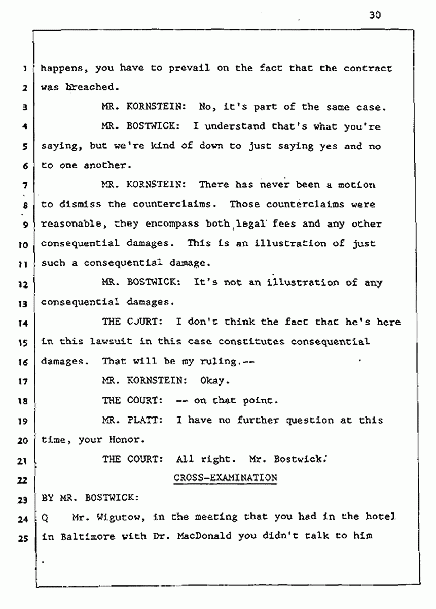 Los Angeles, California Civil Trial<br>Jeffrey MacDonald vs. Joe McGinniss<br><br>August 5, 1987:<br>Defendant's Witness: Daniel Wigutow, p. 30