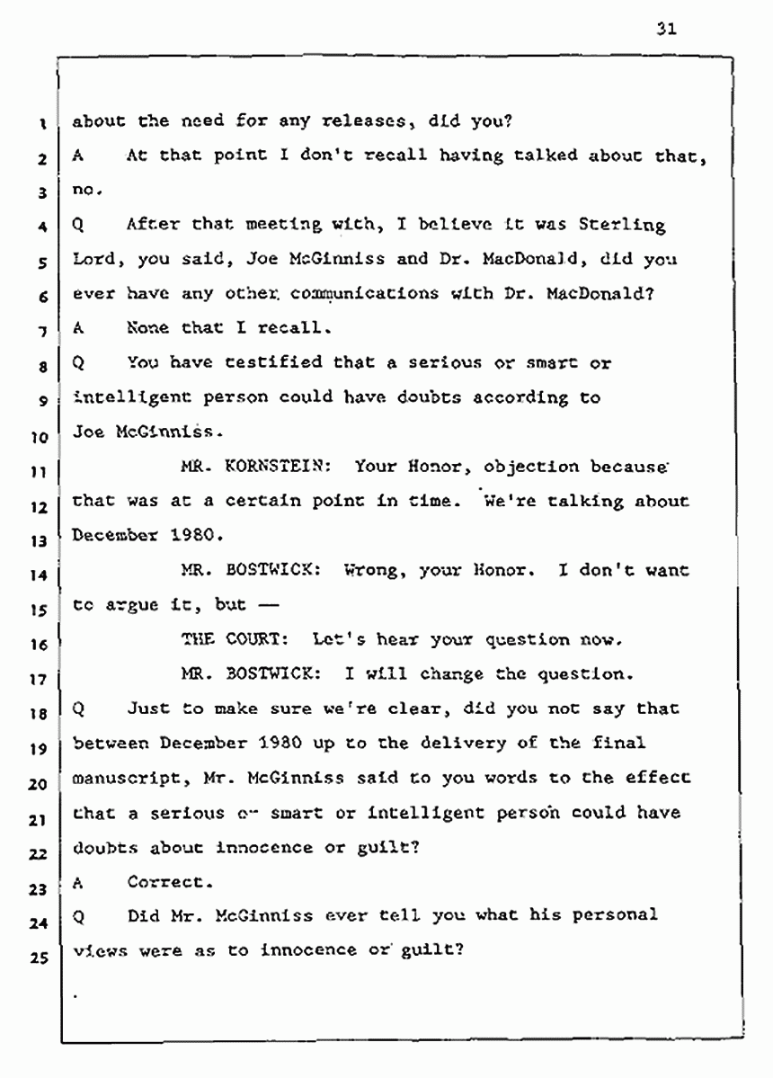 Los Angeles, California Civil Trial<br>Jeffrey MacDonald vs. Joe McGinniss<br><br>August 5, 1987:<br>Defendant's Witness: Daniel Wigutow, p. 31