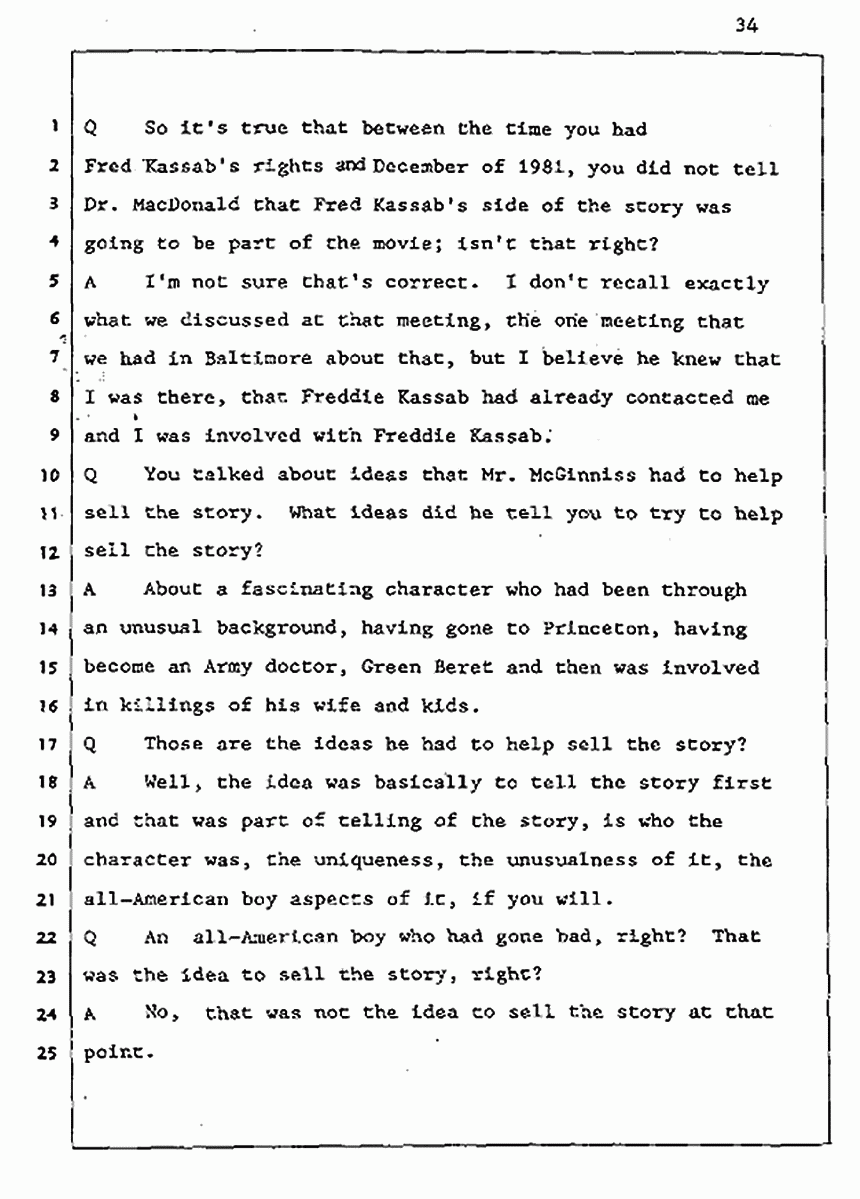 Los Angeles, California Civil Trial<br>Jeffrey MacDonald vs. Joe McGinniss<br><br>August 5, 1987:<br>Defendant's Witness: Daniel Wigutow, p. 34