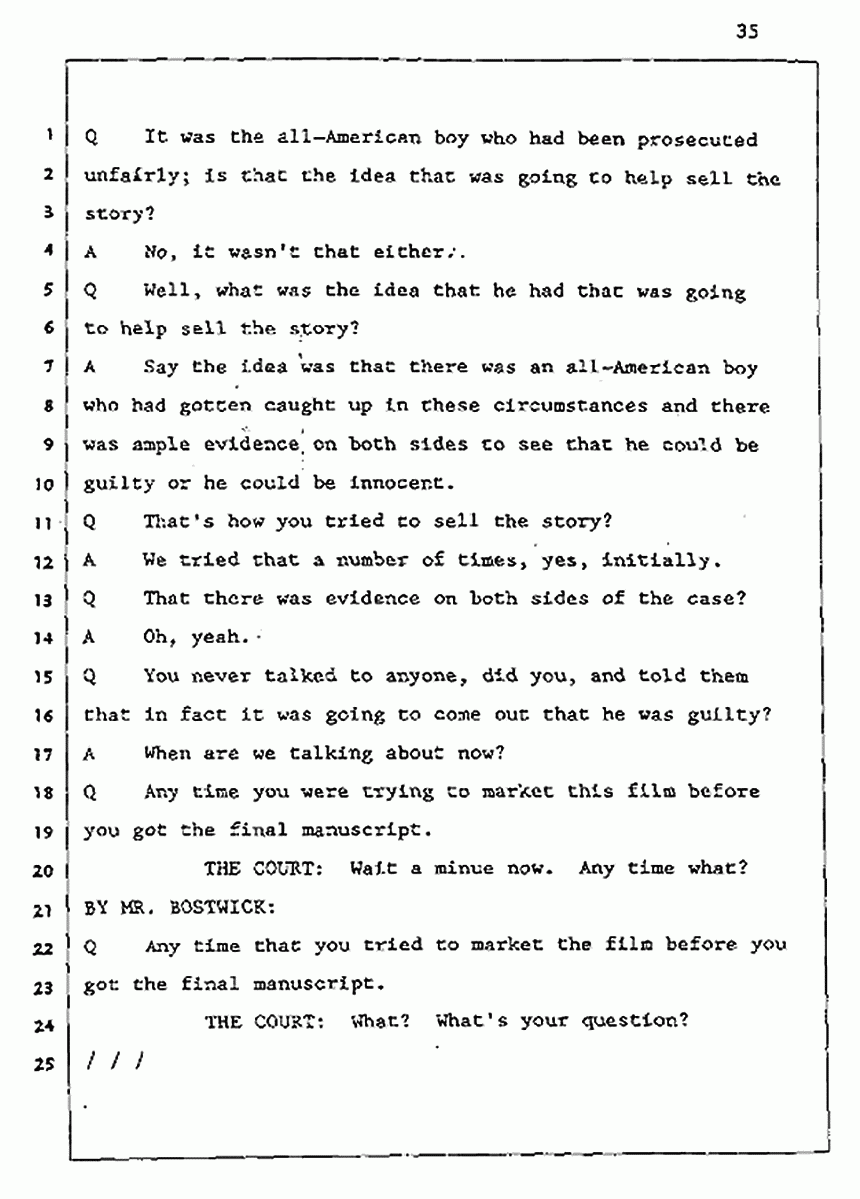 Los Angeles, California Civil Trial<br>Jeffrey MacDonald vs. Joe McGinniss<br><br>August 5, 1987:<br>Defendant's Witness: Daniel Wigutow, p. 35