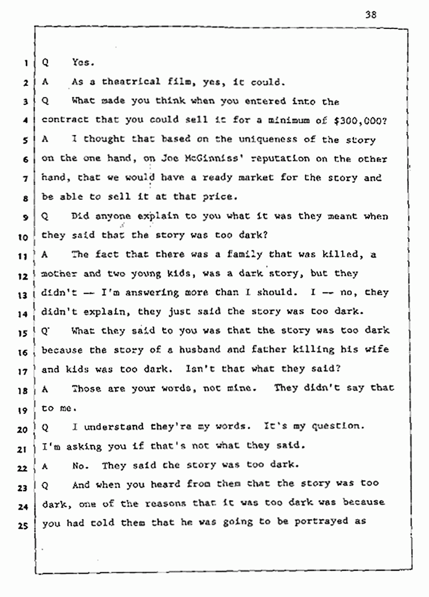 Los Angeles, California Civil Trial<br>Jeffrey MacDonald vs. Joe McGinniss<br><br>August 5, 1987:<br>Defendant's Witness: Daniel Wigutow, p. 38