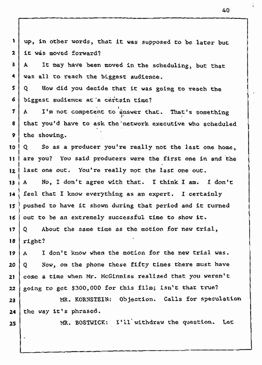 Los Angeles, California Civil Trial<br>Jeffrey MacDonald vs. Joe McGinniss<br><br>August 5, 1987:<br>Defendant's Witness: Daniel Wigutow, p. 40