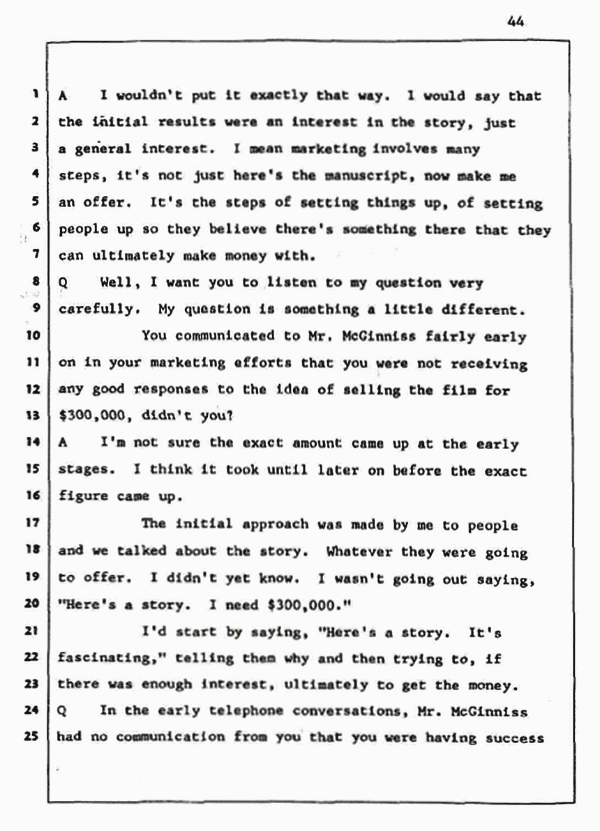 Los Angeles, California Civil Trial<br>Jeffrey MacDonald vs. Joe McGinniss<br><br>August 5, 1987:<br>Defendant's Witness: Daniel Wigutow, p. 44