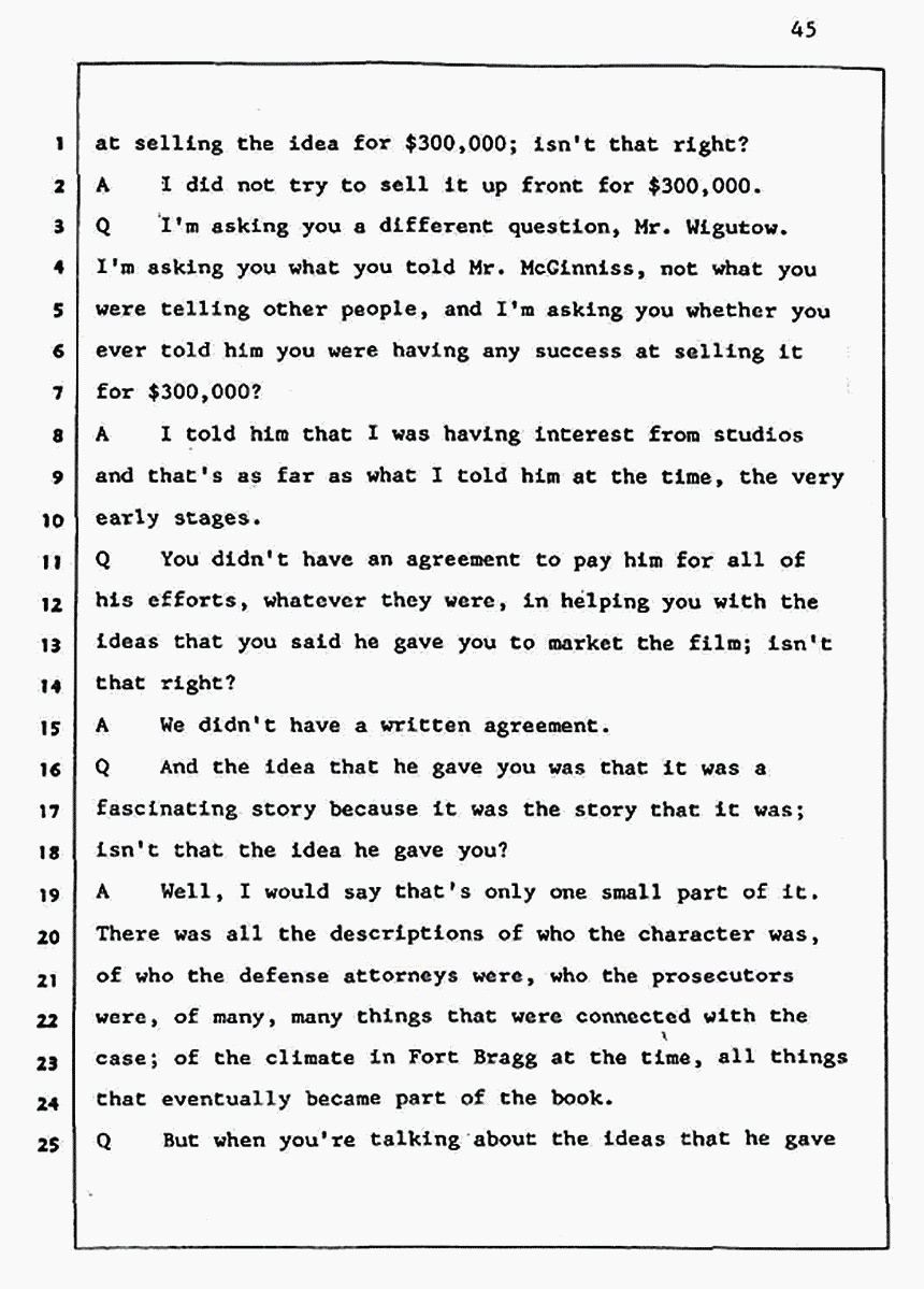 Los Angeles, California Civil Trial<br>Jeffrey MacDonald vs. Joe McGinniss<br><br>August 5, 1987:<br>Defendant's Witness: Daniel Wigutow, p. 45