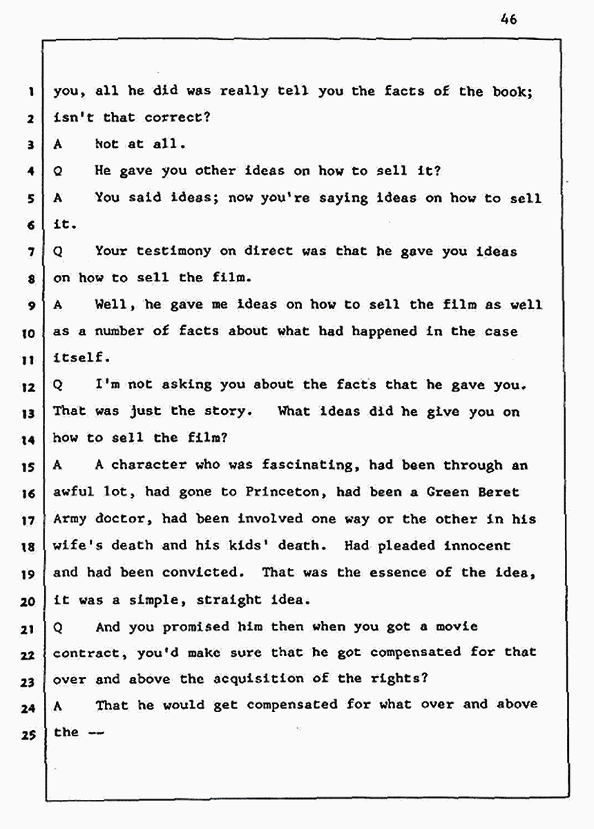 Los Angeles, California Civil Trial<br>Jeffrey MacDonald vs. Joe McGinniss<br><br>August 5, 1987:<br>Defendant's Witness: Daniel Wigutow, p. 46