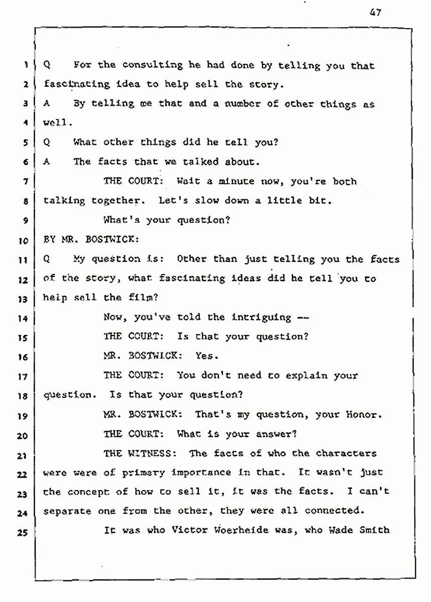Los Angeles, California Civil Trial<br>Jeffrey MacDonald vs. Joe McGinniss<br><br>August 5, 1987:<br>Defendant's Witness: Daniel Wigutow, p. 47