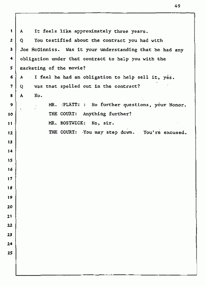 Los Angeles, California Civil Trial<br>Jeffrey MacDonald vs. Joe McGinniss<br><br>August 5, 1987:<br>Defendant's Witness: Daniel Wigutow, p. 49