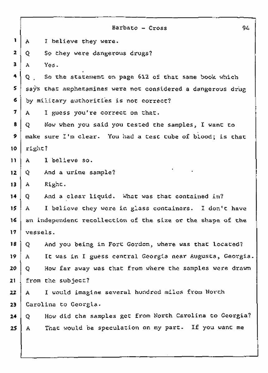 Los Angeles, California Civil Trial<br>Jeffrey MacDonald vs. Joe McGinniss<br><br>August 7, 1987:<br>Defendant's Witness: Joseph Barbato, p. 94