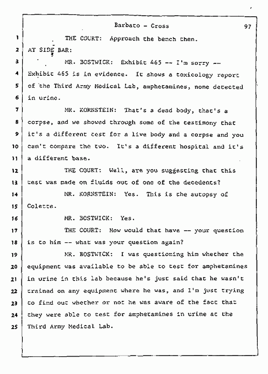 Los Angeles, California Civil Trial<br>Jeffrey MacDonald vs. Joe McGinniss<br><br>August 7, 1987:<br>Defendant's Witness: Joseph Barbato, p. 97