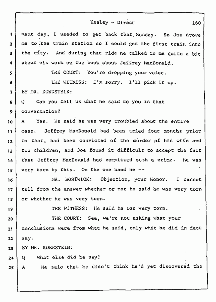 Los Angeles, California Civil Trial<br>Jeffrey MacDonald vs. Joe McGinniss<br><br>August 7, 1987:<br>Defendant's Witness: Linda Healey, p. 160