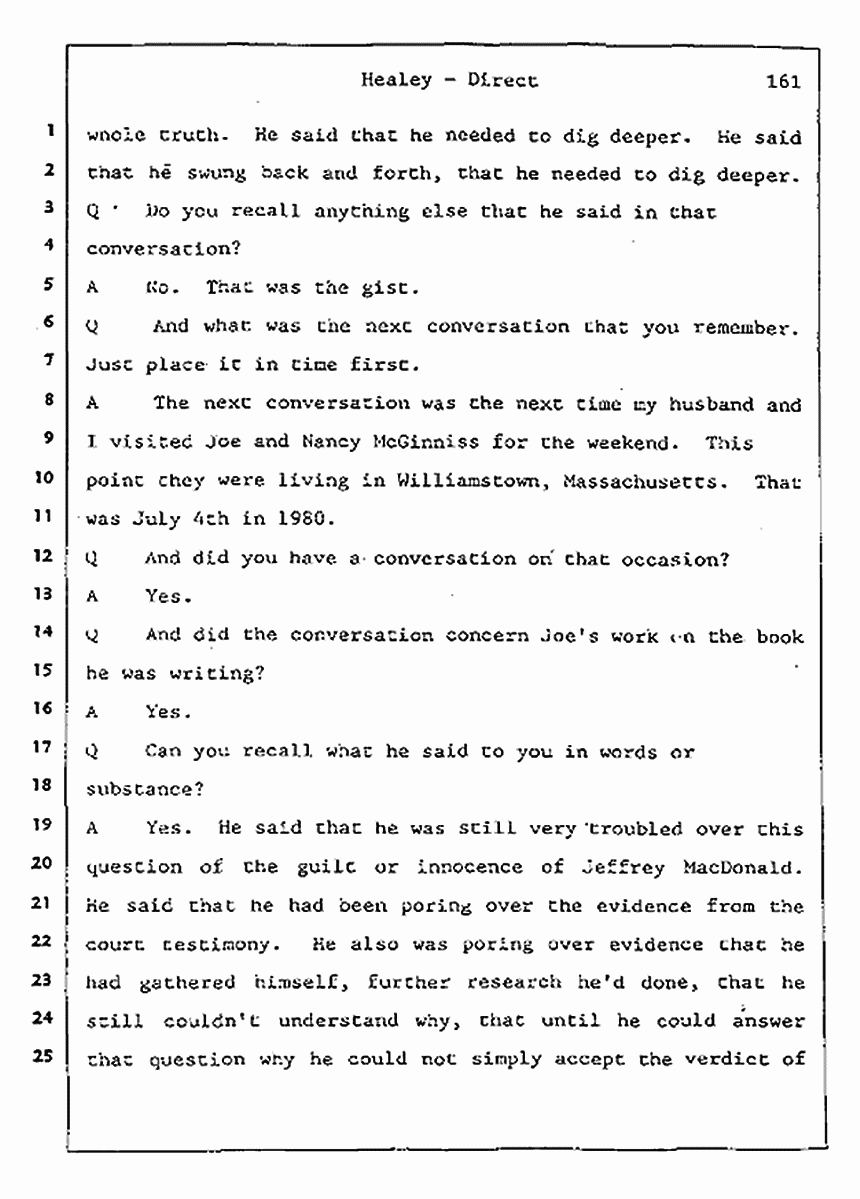 Los Angeles, California Civil Trial<br>Jeffrey MacDonald vs. Joe McGinniss<br><br>August 7, 1987:<br>Defendant's Witness: Linda Healey, p. 161
