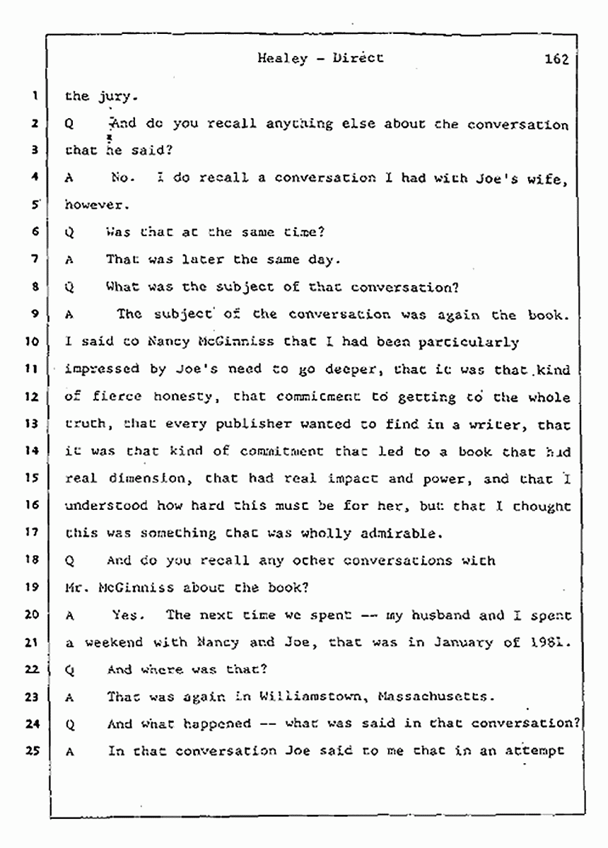 Los Angeles, California Civil Trial<br>Jeffrey MacDonald vs. Joe McGinniss<br><br>August 7, 1987:<br>Defendant's Witness: Linda Healey, p. 162