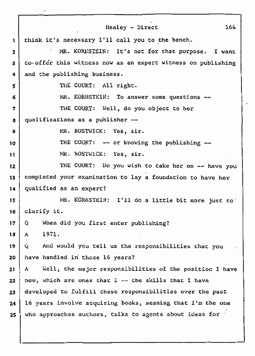 Los Angeles, California Civil Trial<br>Jeffrey MacDonald vs. Joe McGinniss<br><br>August 7, 1987:<br>Defendant's Witness: Linda Healey, p. 164