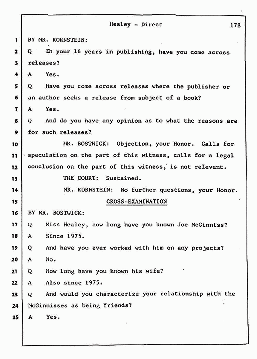 Los Angeles, California Civil Trial<br>Jeffrey MacDonald vs. Joe McGinniss<br><br>August 7, 1987:<br>Defendant's Witness: Linda Healey, p. 178
