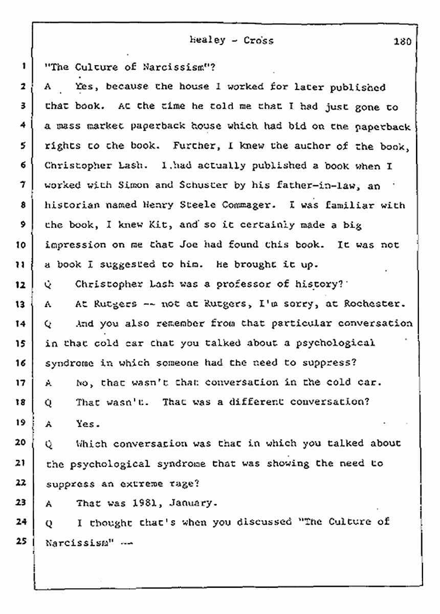 Los Angeles, California Civil Trial<br>Jeffrey MacDonald vs. Joe McGinniss<br><br>August 7, 1987:<br>Defendant's Witness: Linda Healey, p. 180