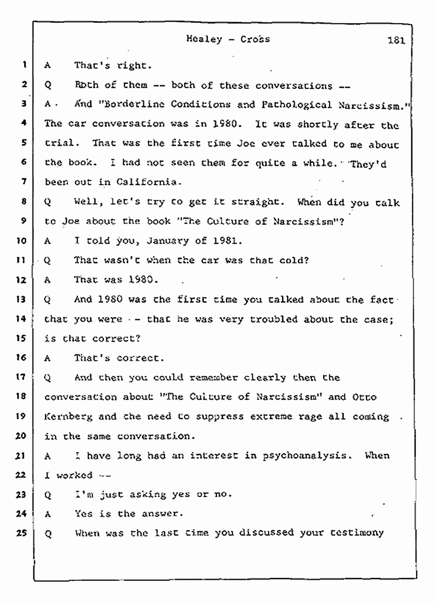 Los Angeles, California Civil Trial<br>Jeffrey MacDonald vs. Joe McGinniss<br><br>August 7, 1987:<br>Defendant's Witness: Linda Healey, p. 181