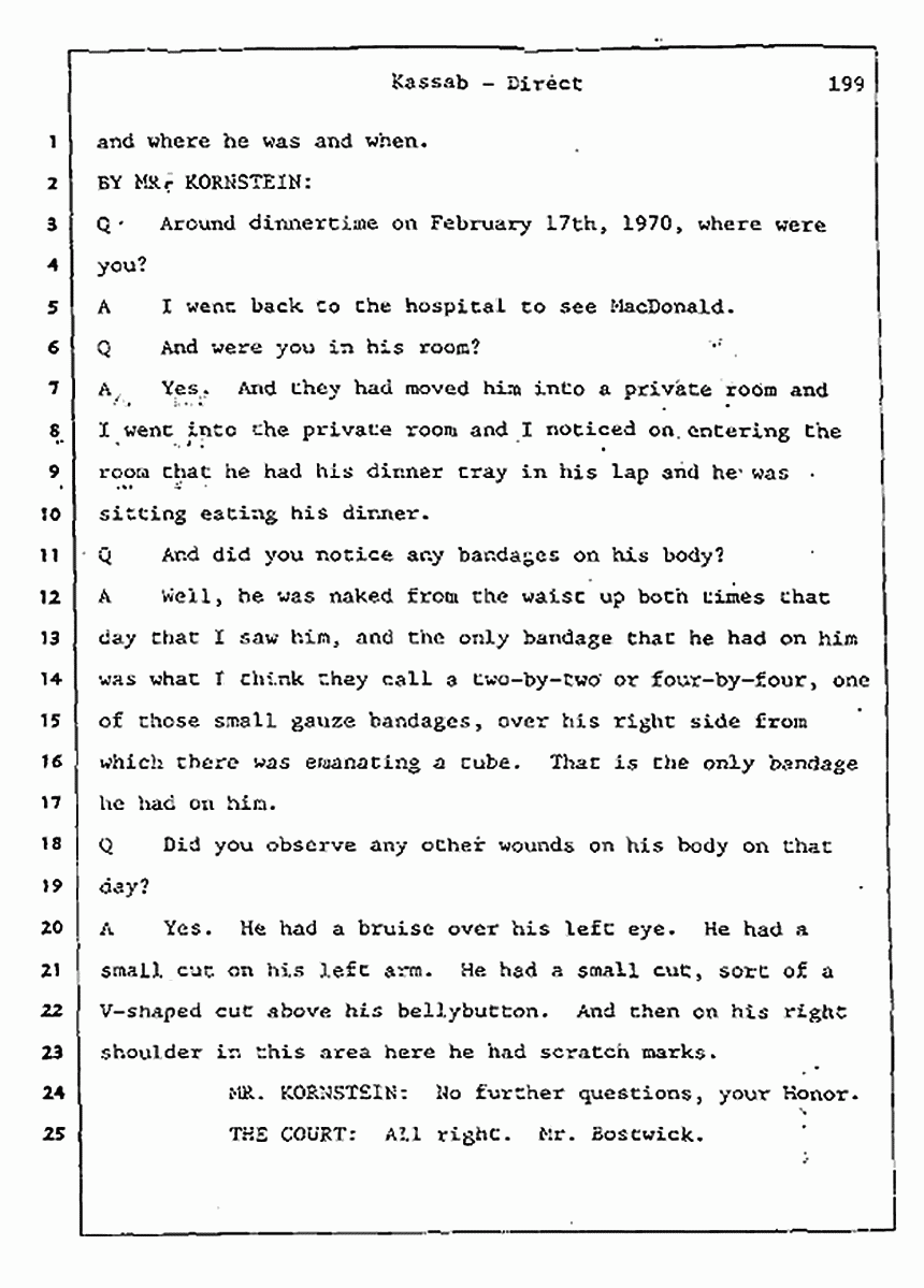 Los Angeles, California Civil Trial<br>Jeffrey MacDonald vs. Joe McGinniss<br><br>August 7, 1987:<br>Defendant's Witness: Alfred Kassab, p. 199