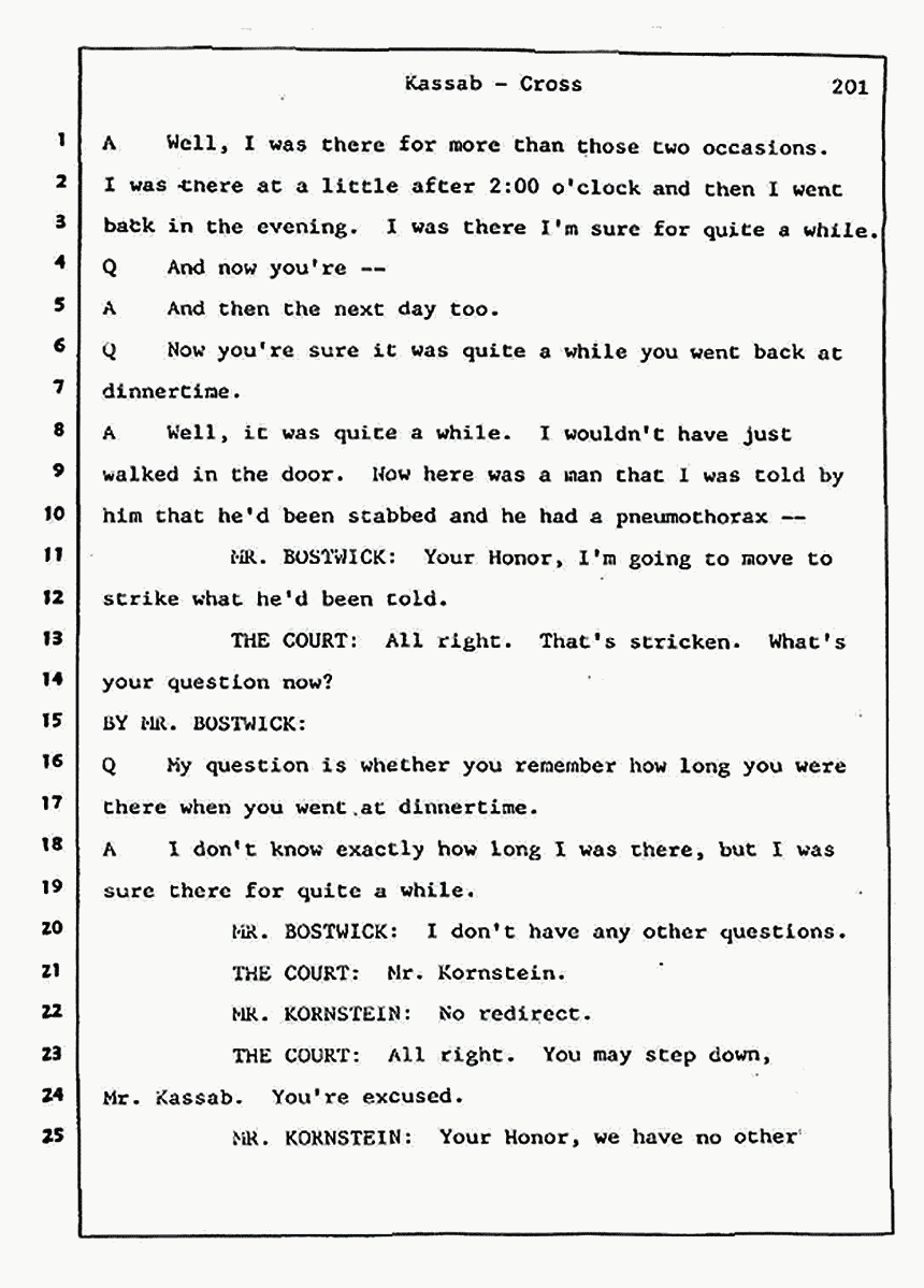 Los Angeles, California Civil Trial<br>Jeffrey MacDonald vs. Joe McGinniss<br><br>August 7, 1987:<br>Defendant's Witness: Alfred Kassab, p. 201