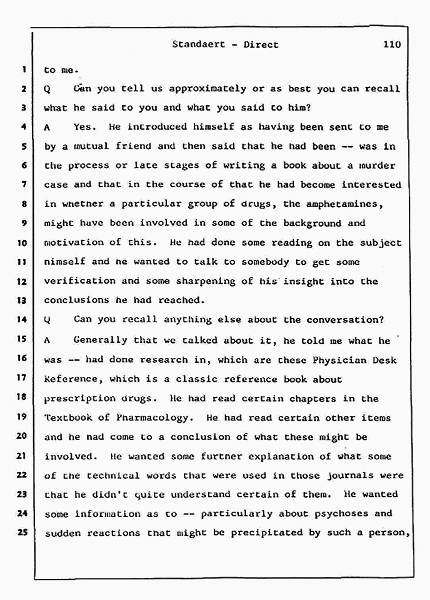 Los Angeles, California Civil Trial<br>Jeffrey MacDonald vs. Joe McGinniss<br><br>August 7, 1987:<br>Defendant's Witness: Frank Standaert, p. 110