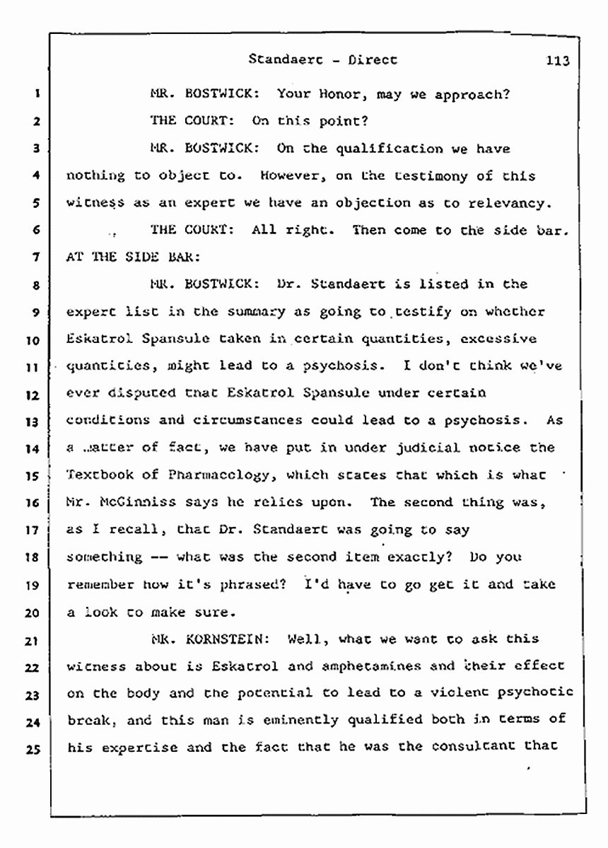 Los Angeles, California Civil Trial<br>Jeffrey MacDonald vs. Joe McGinniss<br><br>August 7, 1987:<br>Defendant's Witness: Frank Standaert, p. 113
