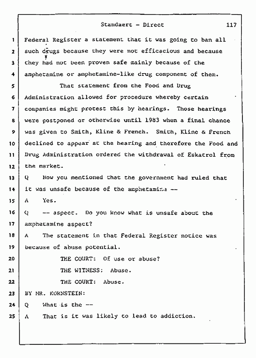 Los Angeles, California Civil Trial<br>Jeffrey MacDonald vs. Joe McGinniss<br><br>August 7, 1987:<br>Defendant's Witness: Frank Standaert, p. 117