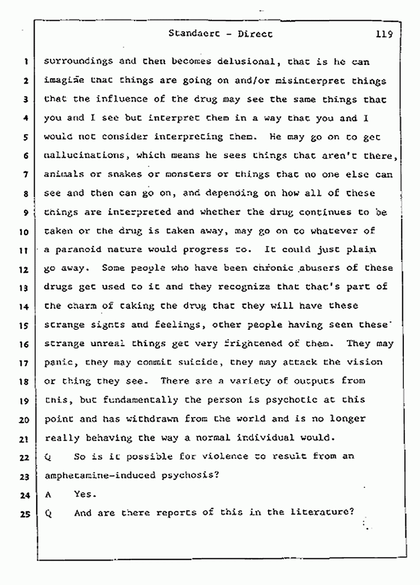 Los Angeles, California Civil Trial<br>Jeffrey MacDonald vs. Joe McGinniss<br><br>August 7, 1987:<br>Defendant's Witness: Frank Standaert, p. 119