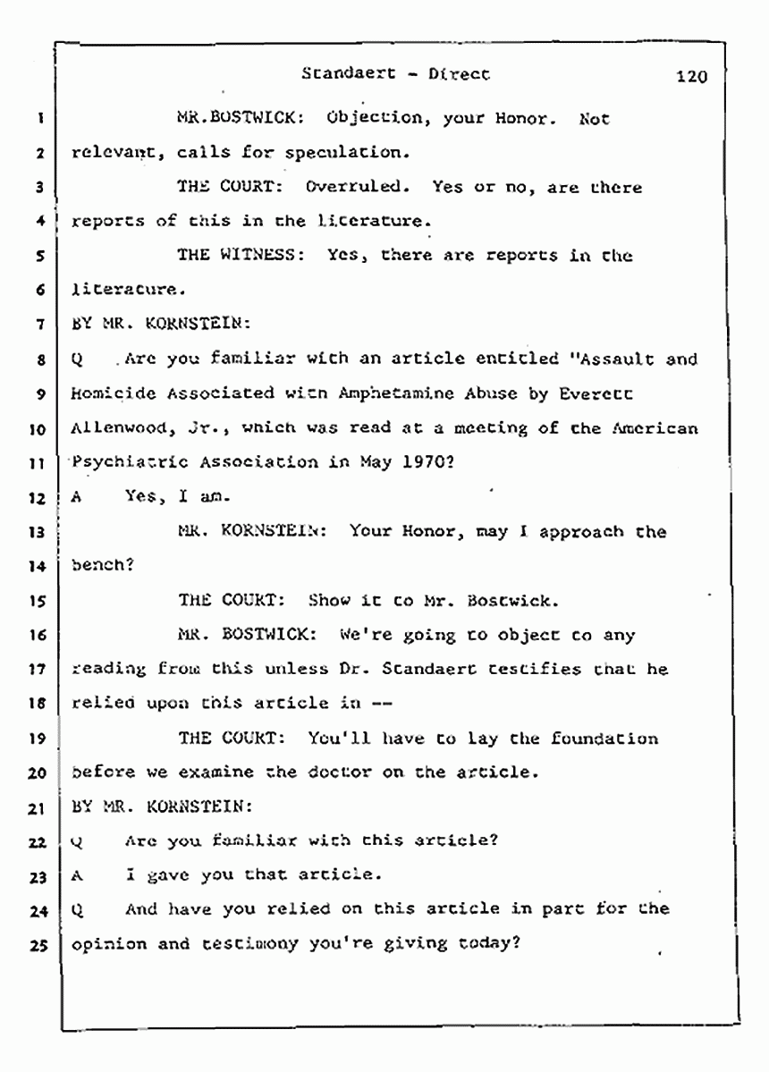Los Angeles, California Civil Trial<br>Jeffrey MacDonald vs. Joe McGinniss<br><br>August 7, 1987:<br>Defendant's Witness: Frank Standaert, p. 120