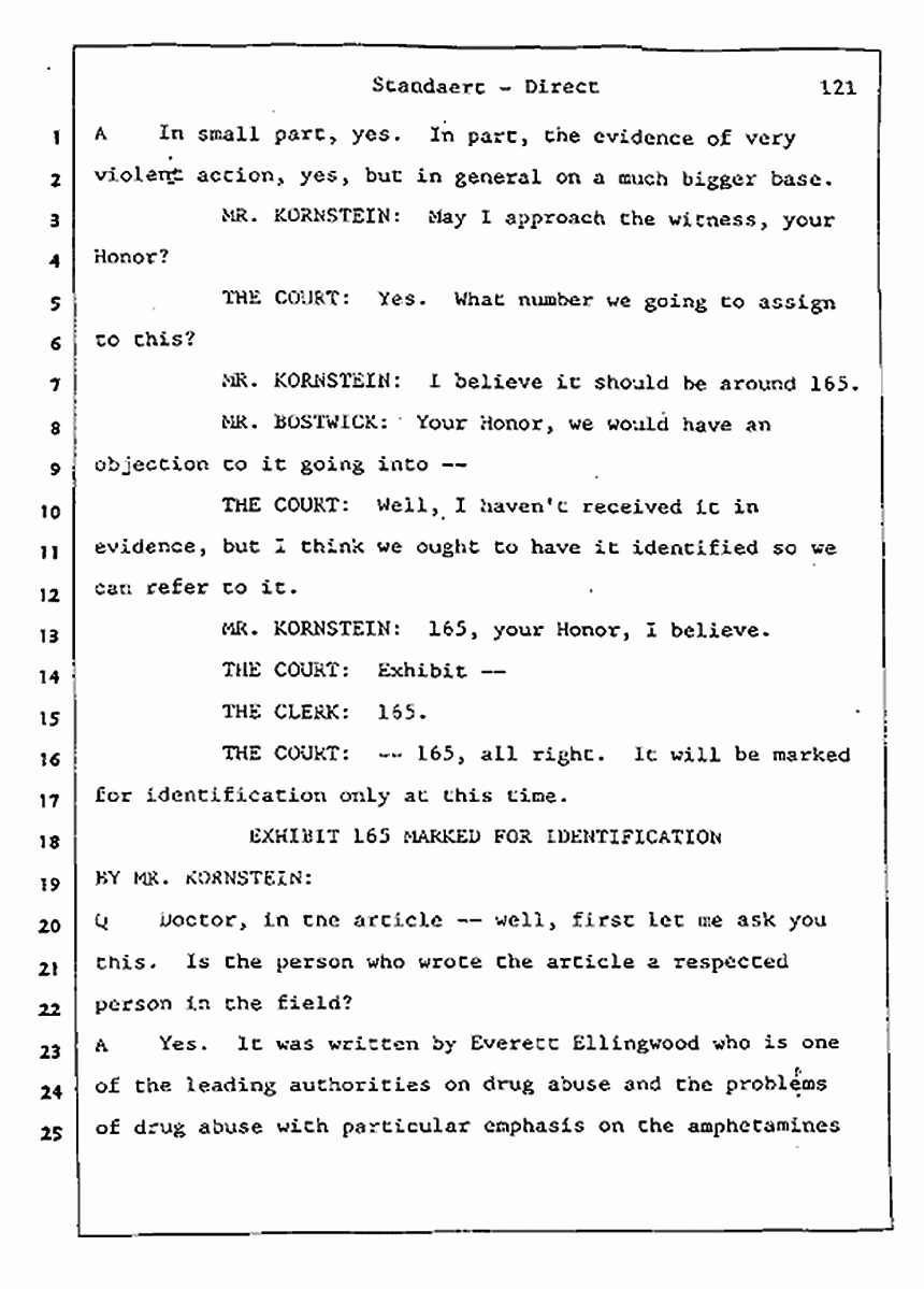 Los Angeles, California Civil Trial<br>Jeffrey MacDonald vs. Joe McGinniss<br><br>August 7, 1987:<br>Defendant's Witness: Frank Standaert, p. 121