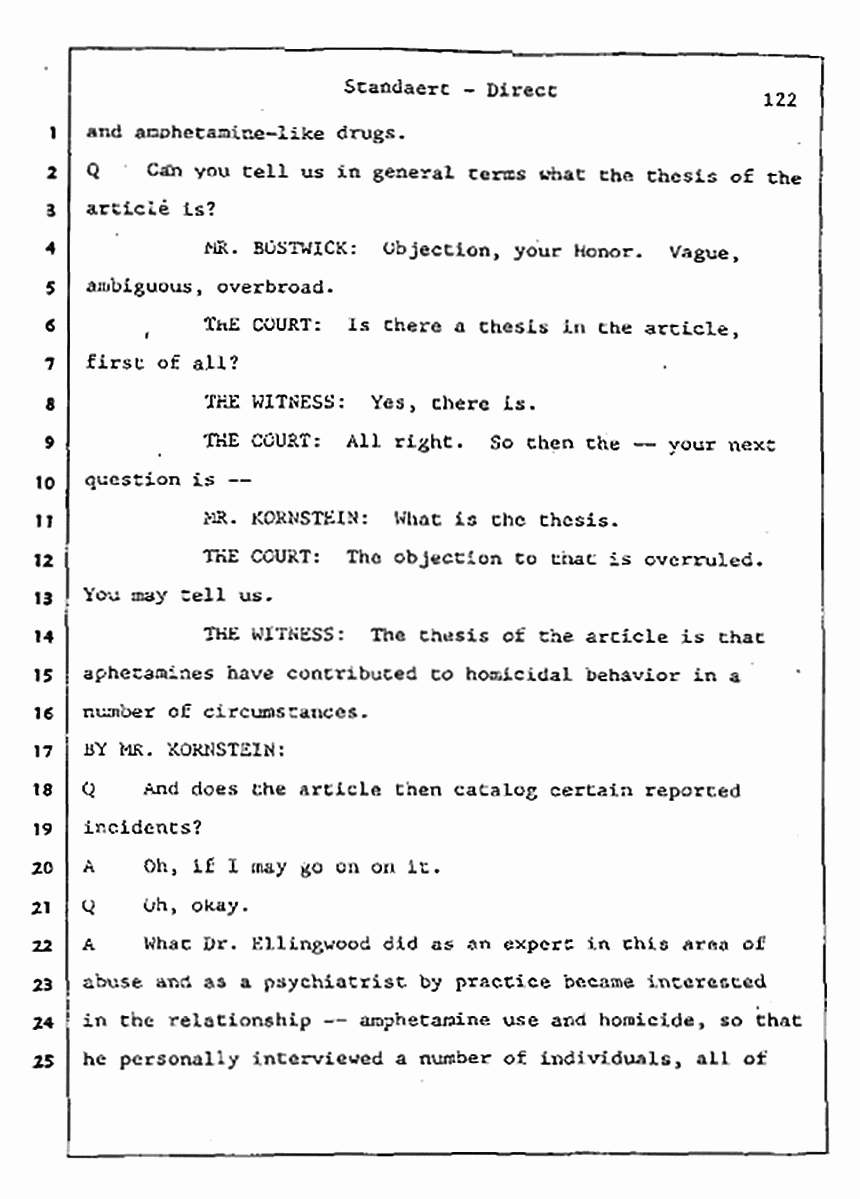 Los Angeles, California Civil Trial<br>Jeffrey MacDonald vs. Joe McGinniss<br><br>August 7, 1987:<br>Defendant's Witness: Frank Standaert, p. 122