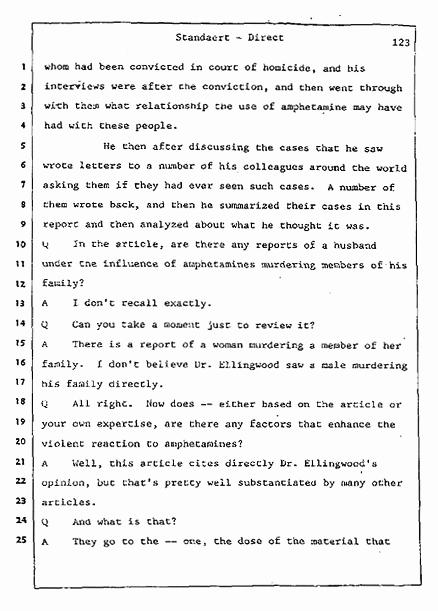 Los Angeles, California Civil Trial<br>Jeffrey MacDonald vs. Joe McGinniss<br><br>August 7, 1987:<br>Defendant's Witness: Frank Standaert, p. 123