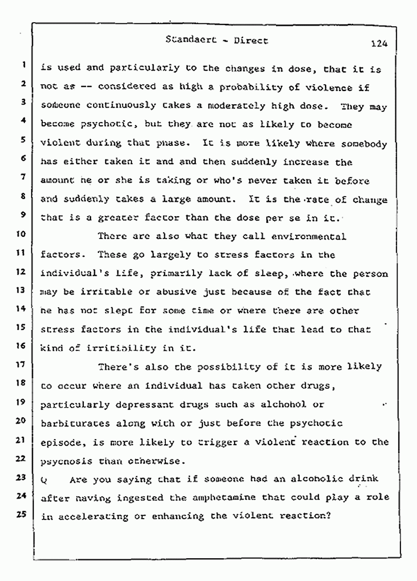 Los Angeles, California Civil Trial<br>Jeffrey MacDonald vs. Joe McGinniss<br><br>August 7, 1987:<br>Defendant's Witness: Frank Standaert, p. 124