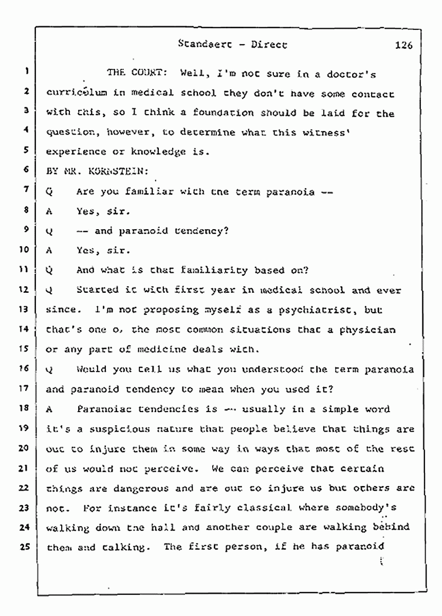 Los Angeles, California Civil Trial<br>Jeffrey MacDonald vs. Joe McGinniss<br><br>August 7, 1987:<br>Defendant's Witness: Frank Standaert, p. 126