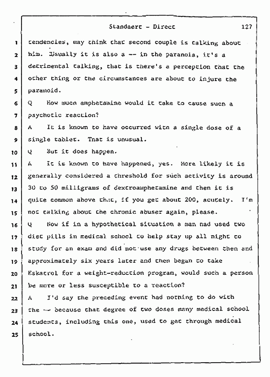 Los Angeles, California Civil Trial<br>Jeffrey MacDonald vs. Joe McGinniss<br><br>August 7, 1987:<br>Defendant's Witness: Frank Standaert, p. 127