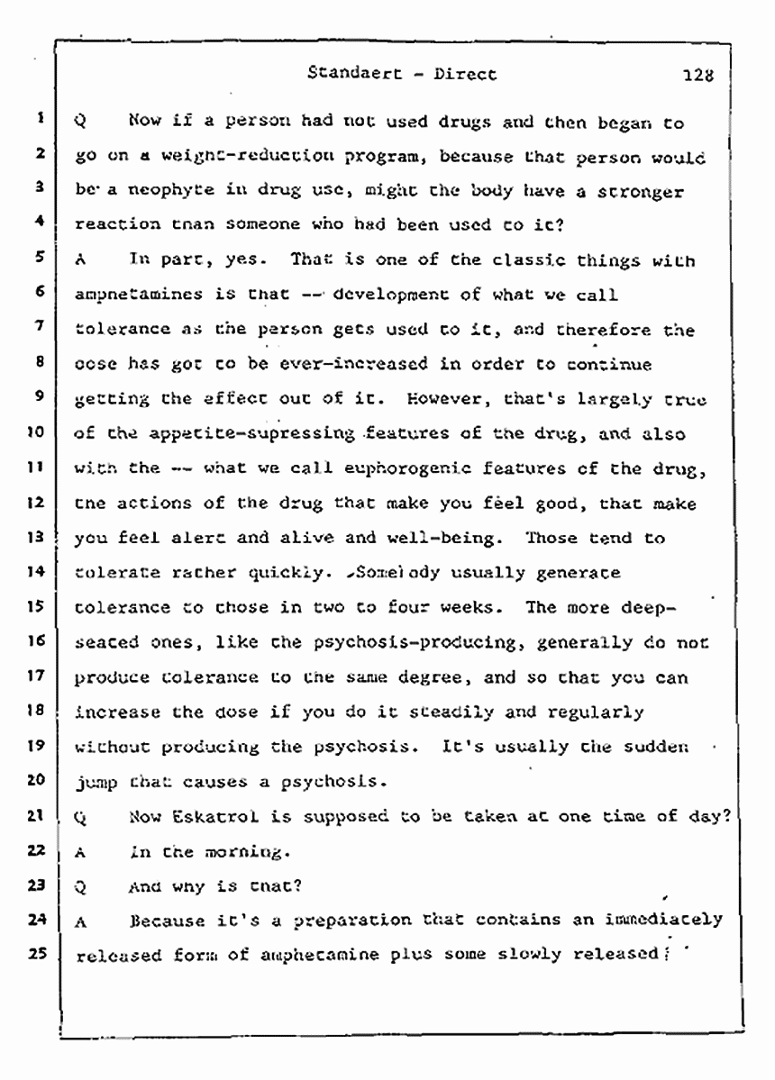 Los Angeles, California Civil Trial<br>Jeffrey MacDonald vs. Joe McGinniss<br><br>August 7, 1987:<br>Defendant's Witness: Frank Standaert, p. 128