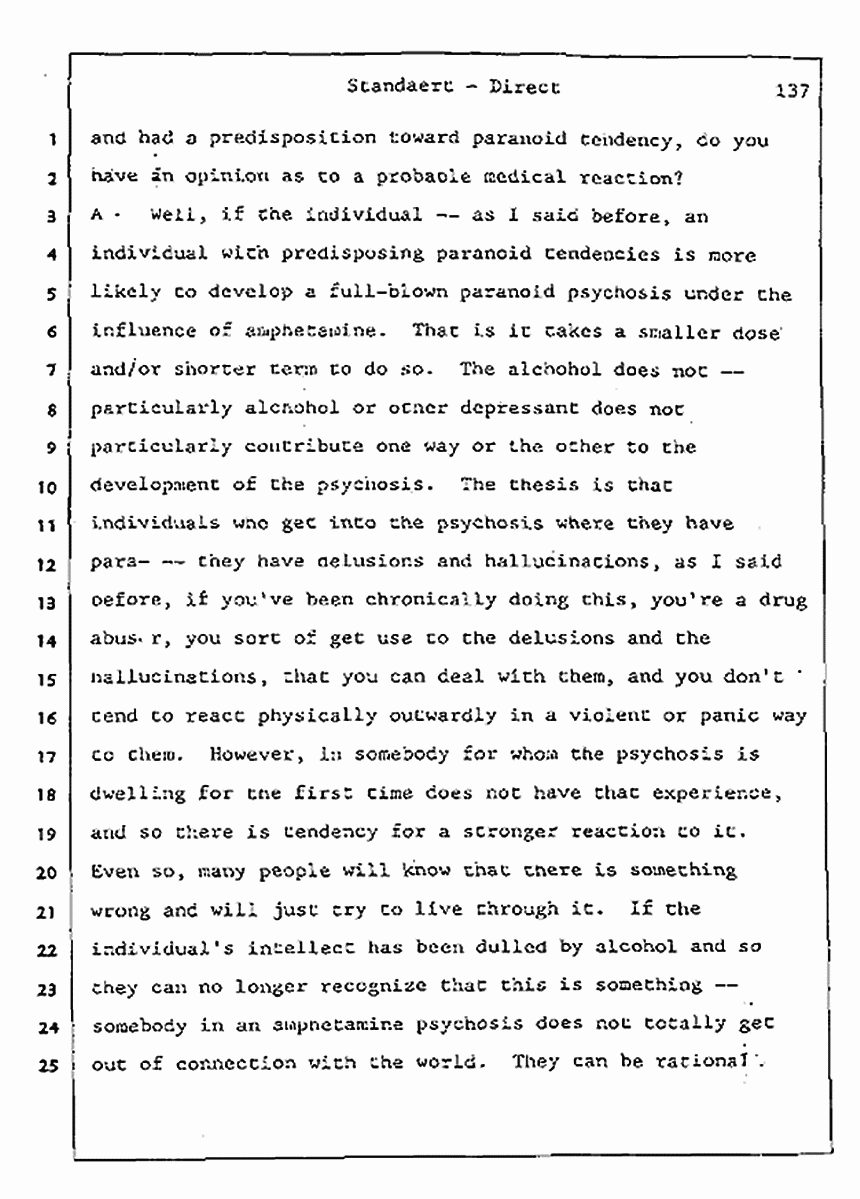Los Angeles, California Civil Trial<br>Jeffrey MacDonald vs. Joe McGinniss<br><br>August 7, 1987:<br>Defendant's Witness: Frank Standaert, p. 137